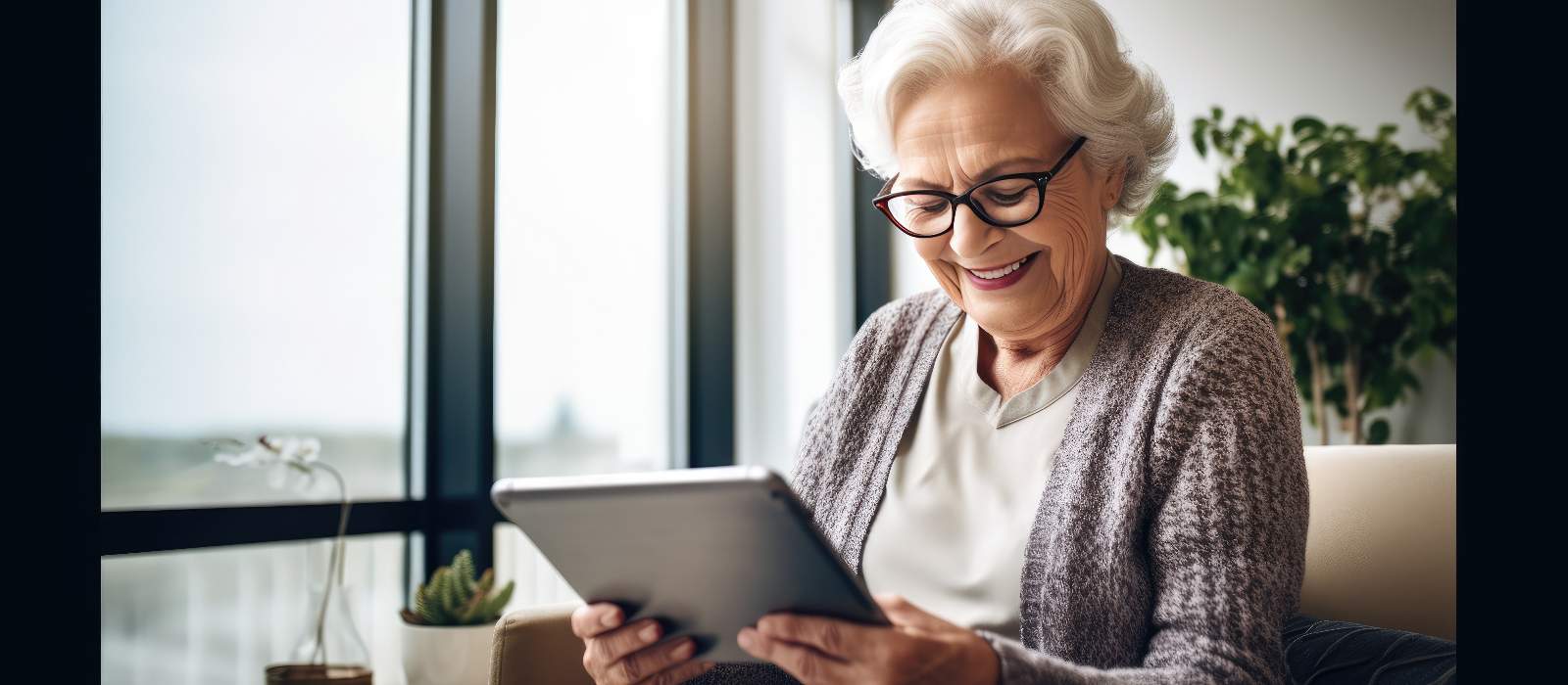 Elderly woman smiling while looking at tablet